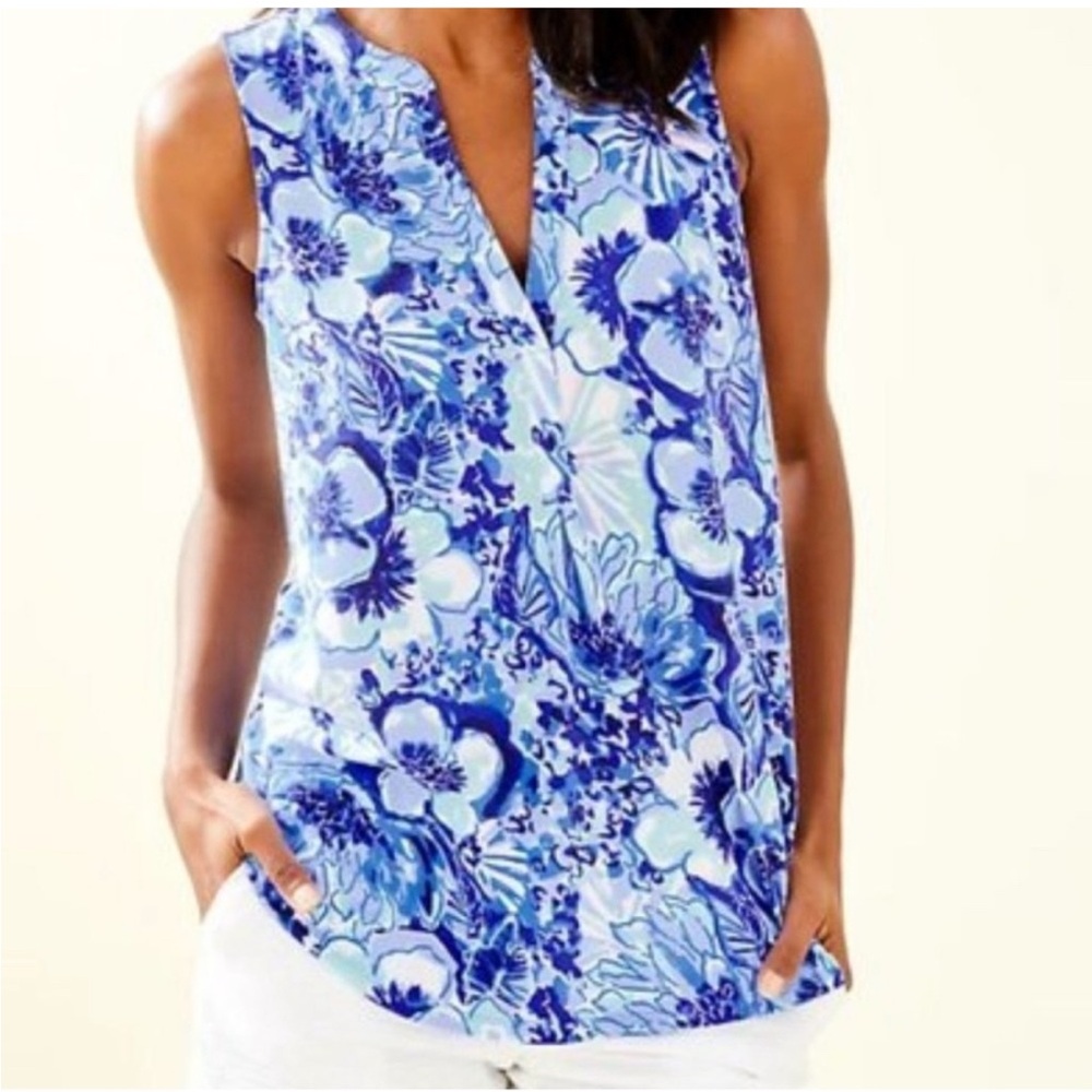 Lilly Pulitzer Women’s XS Coastal Blue Floral Print Sleeveless Raisa Top